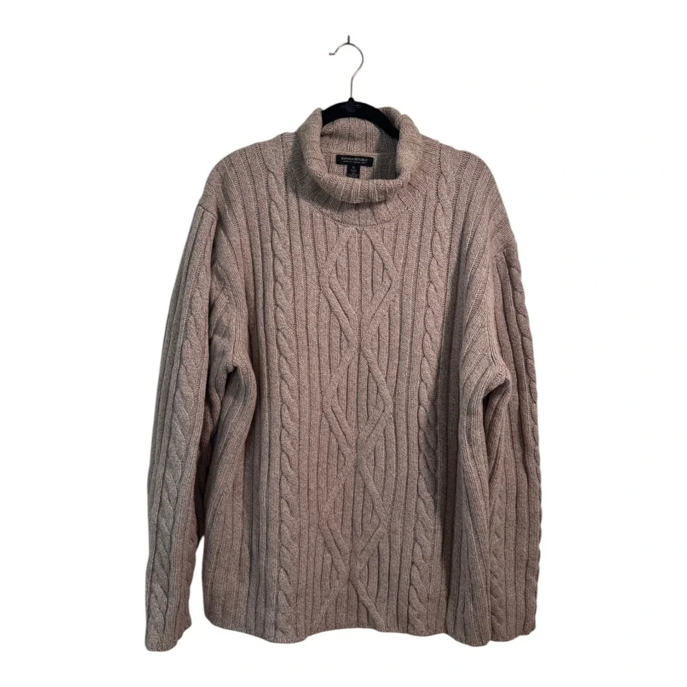 Banana Republic Beige Italian Wool Blend Turtleneck Cable Fisherman Sz XL